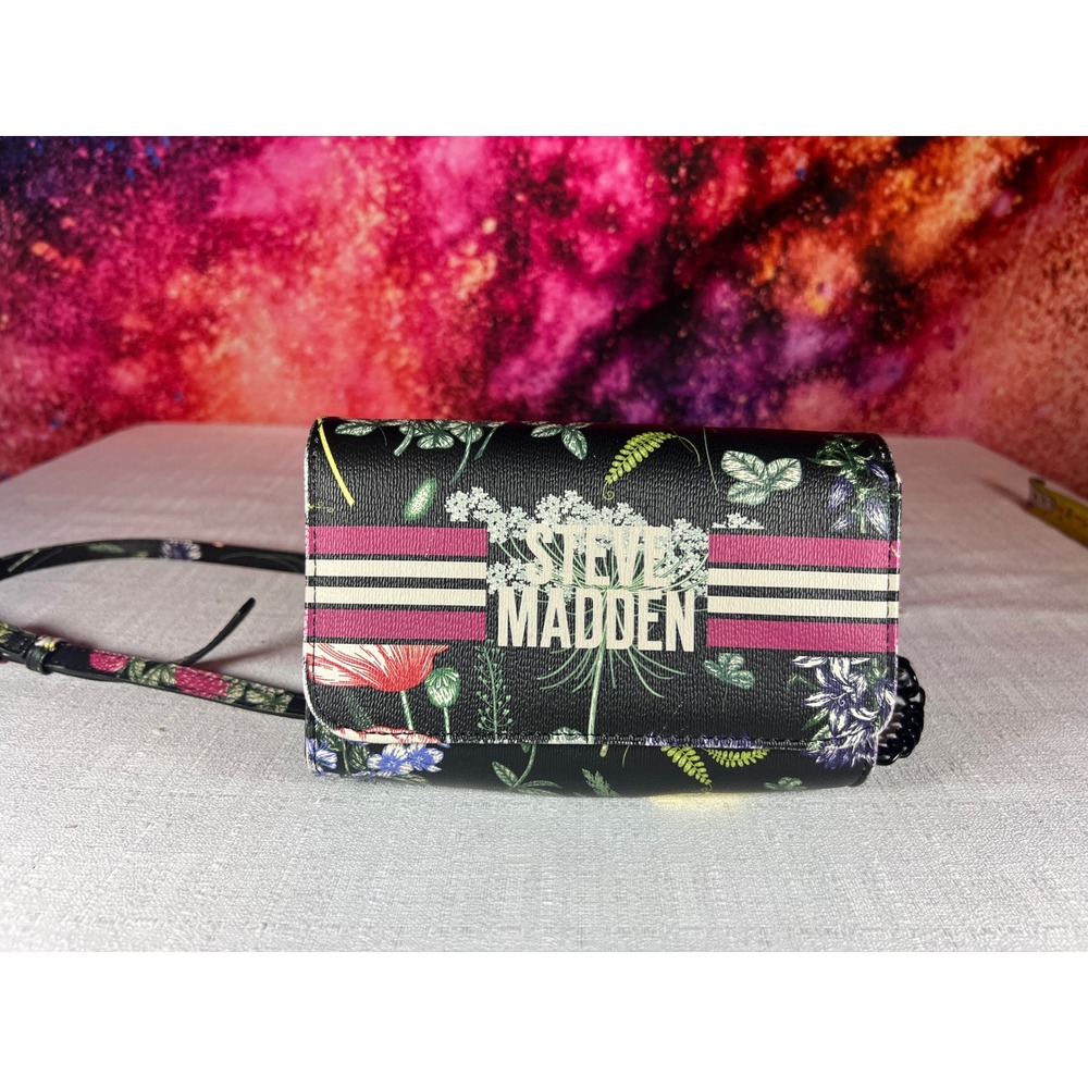 Steve Madden Floral Crossbody Bag Black Botanical Print Logo Stripe Purse
